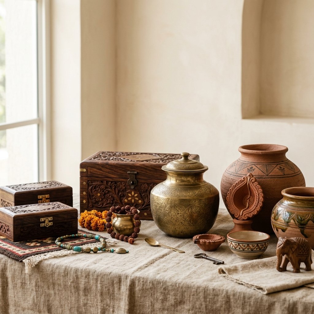 Premium carved wood boxes, traditional brass vessels, and clay pottery